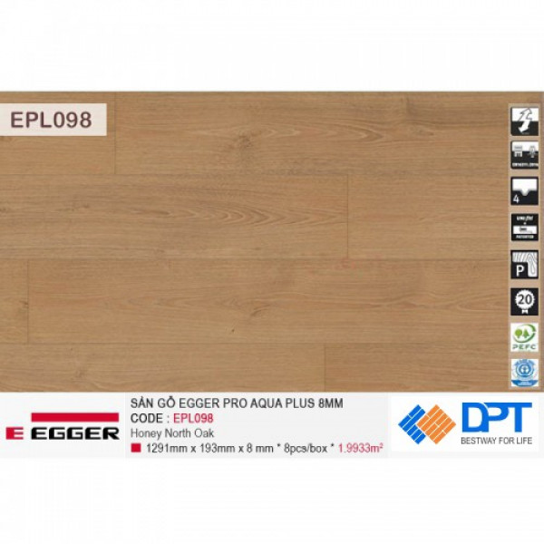 Sàn gỗ Egger Pro Aqua EPl098 honey North Oak 8mm