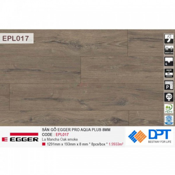 Sàn gỗ Egger Pro Aqua Plus EPl017 la mancha Oak smoke 8mm